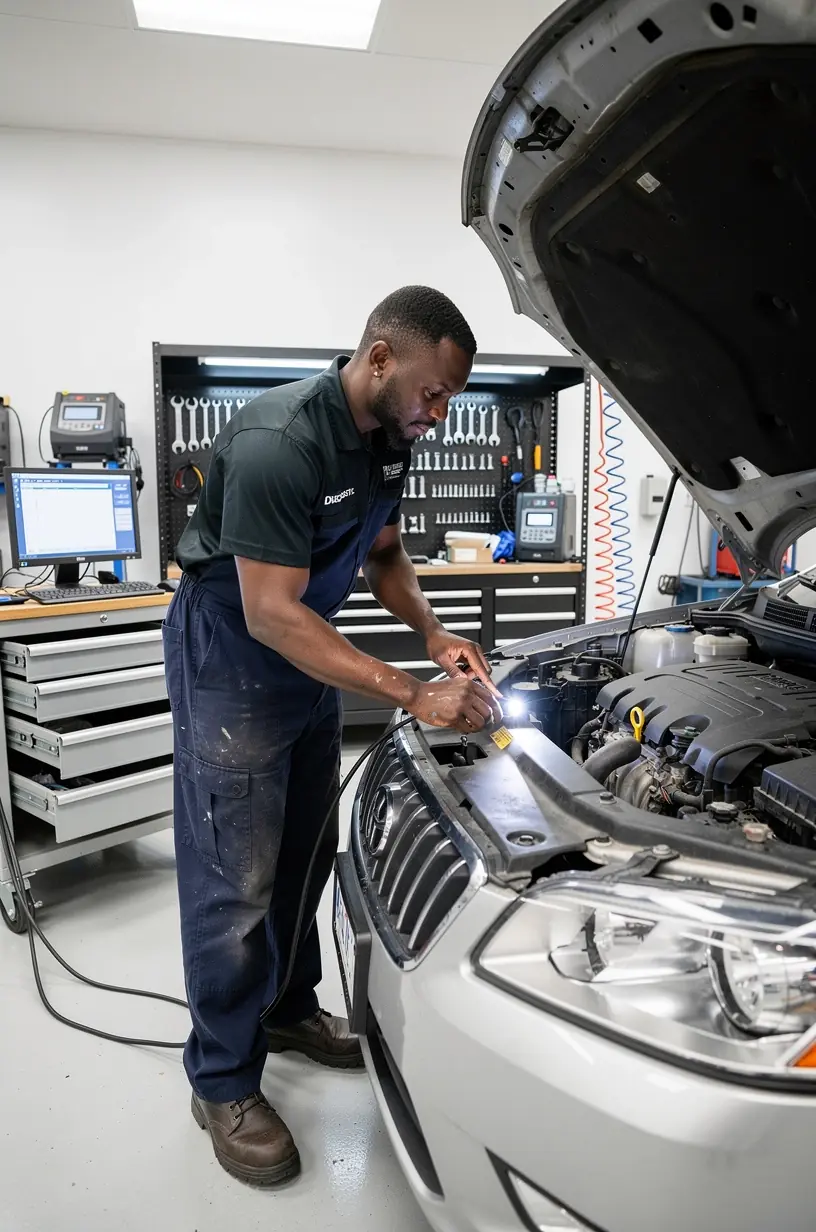 Technician reviewing detailed emissions test results on laptop to ensure regulatory compliance