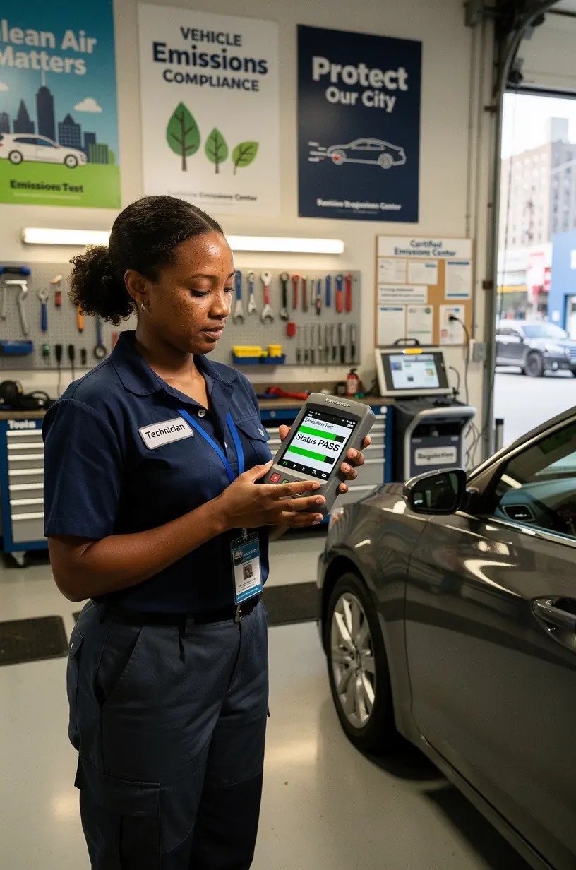 Close-up of digital display showing vehicle emissions data during a compliance inspection in diagnostic facility